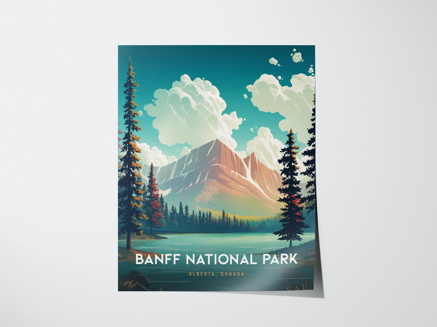 Illustrated Banff National Park poster featuring a mountain landscape, turquoise lake, and tall evergreen trees under a sky with fluffy clouds. Text reads Banff National Park, Alberta, Canada.
