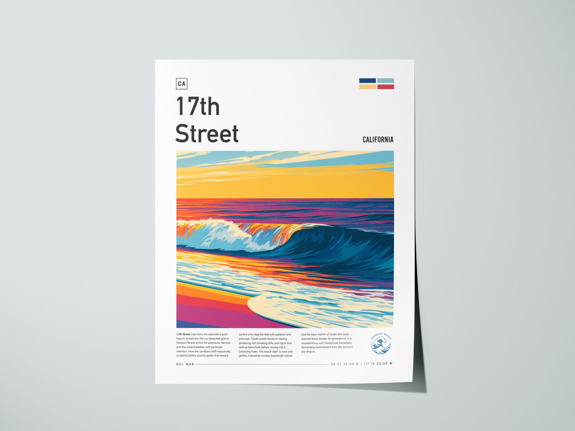 17th Street, Florida Poster | Golden Hour Surf Break Wall Art — giclée print detail on matte paper