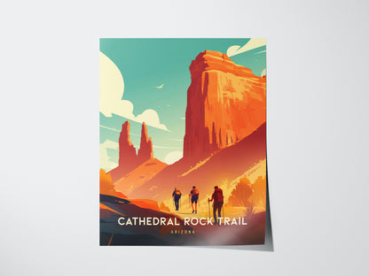 A vibrant poster illustration of Cathedral Rock Trail in Sedona, Arizona, featuring hikers and red rock formations against a turquoise sky with clouds. Text reads Cathedral Rock Trail, Arizona.