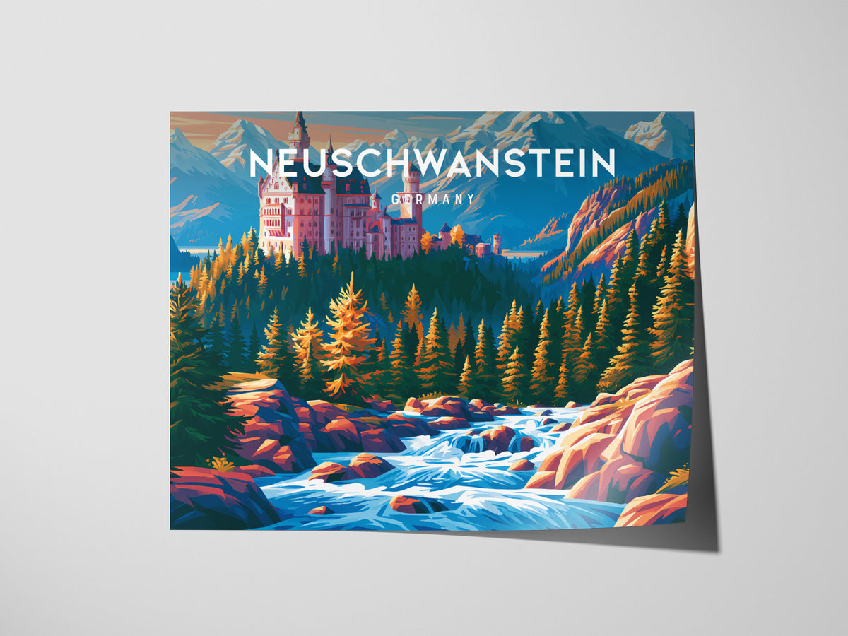 Neuschwanstein, Germany Landscape Poster | Alpine Castle Vacation Wall Art — giclée print detail on matte paper