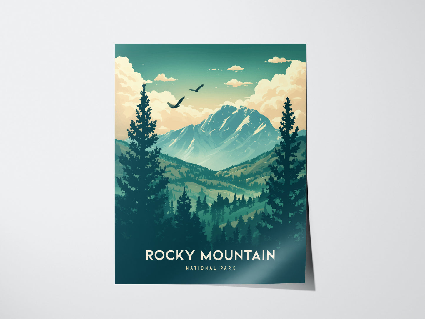 A poster of Rocky Mountain National Park features majestic mountains, tall pine trees, and birds in flight under a cloudy sky. The text reads Rocky Mountain National Park.