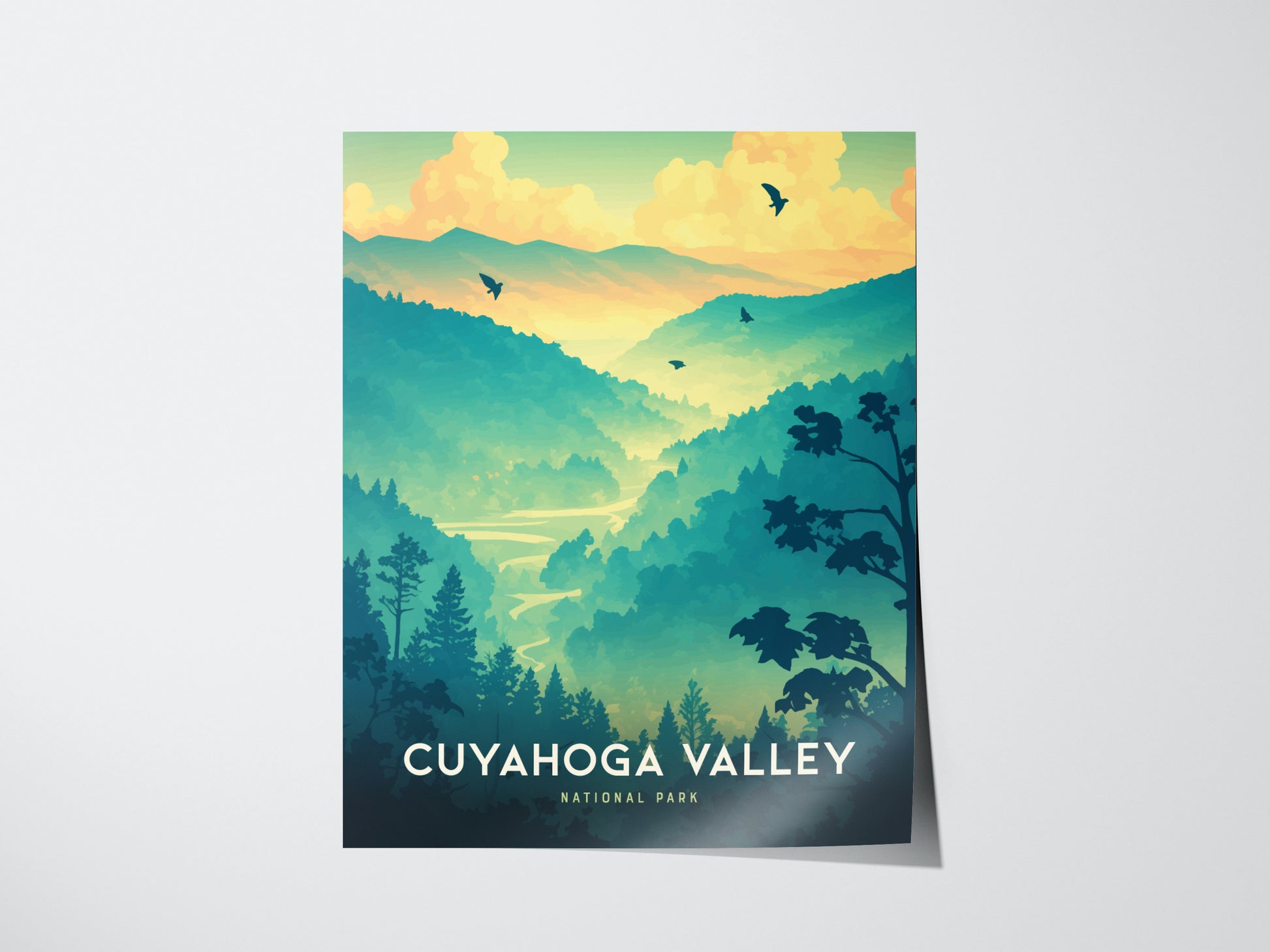 A vibrant poster of Cuyahoga Valley National Park showcases rolling hills, lush forests, and birds flying against a sunset sky. The text Cuyahoga Valley National Park is displayed at the.