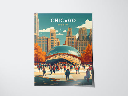 A poster depicting the Chicago Bean, or Cloud Gate, with reflections of people and skyscrapers. The scene includes autumn-colored trees and a clear sky, capturing a vibrant cityscape.