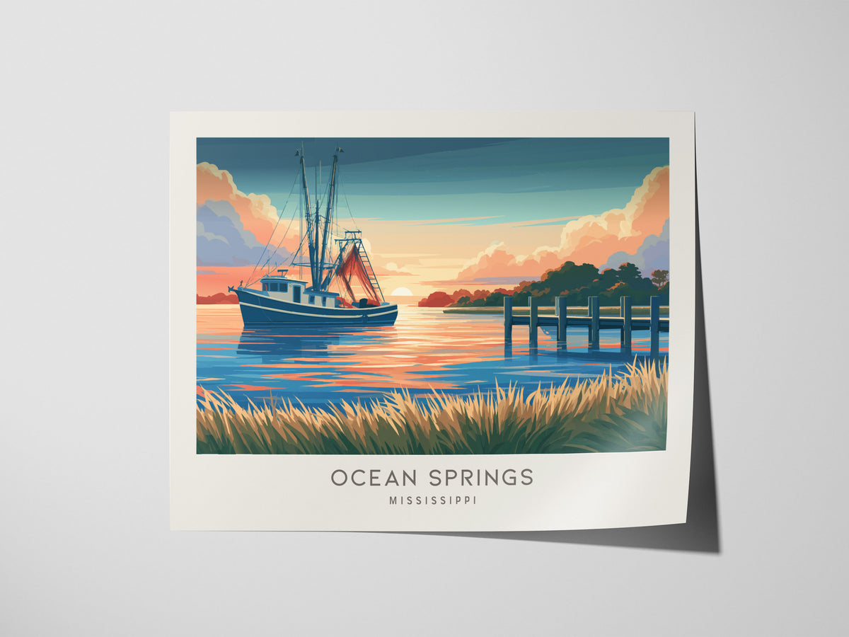 Ocean Springs Landscape Matte Border Poster | Mississippi Tropical Beach Print Travel Wall Art — giclée print detail on matte