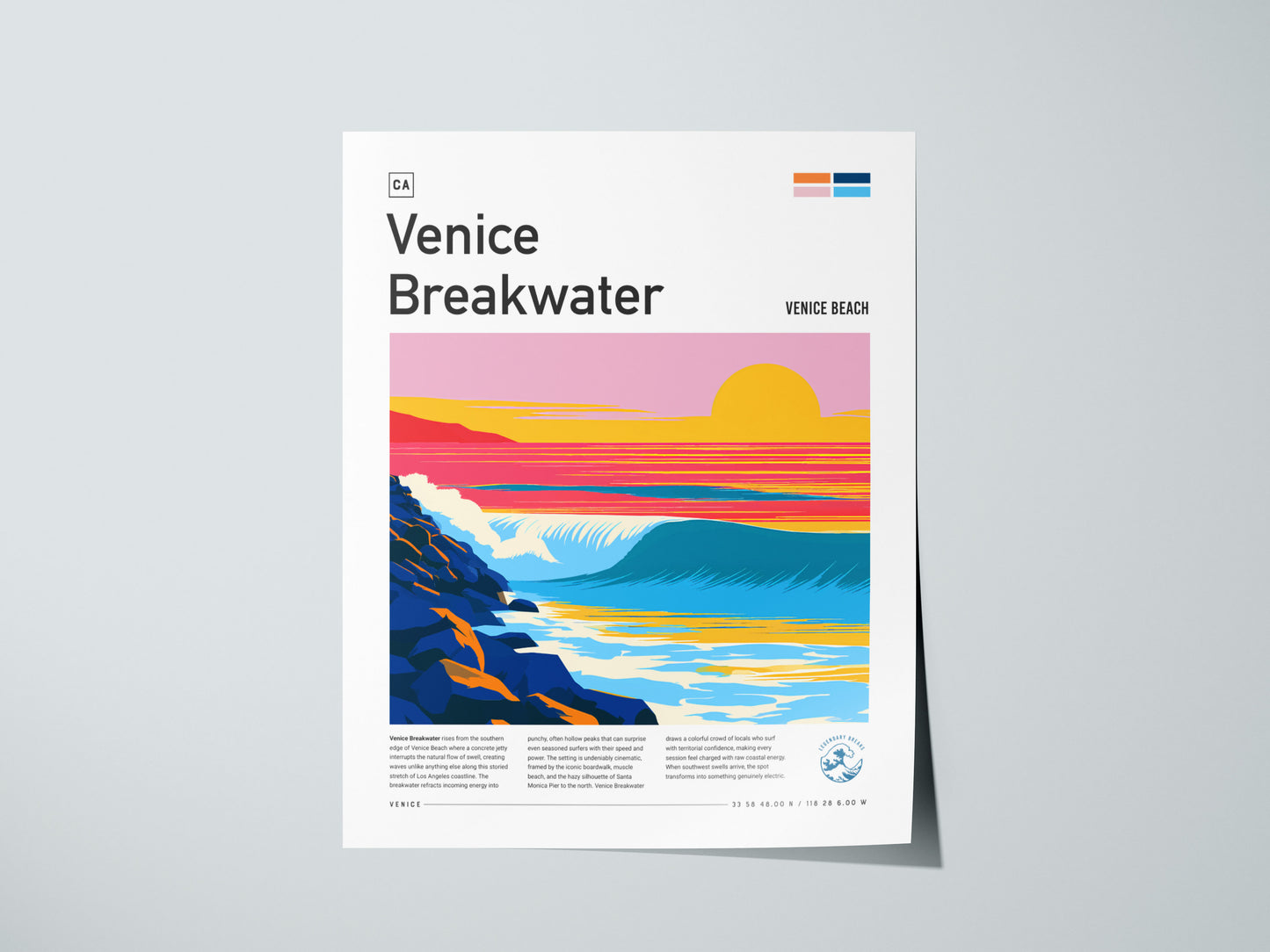 Venice Breakwater, California Poster | Surf & Stone Jetty Coastal Wall Art — giclée print detail on matte paper