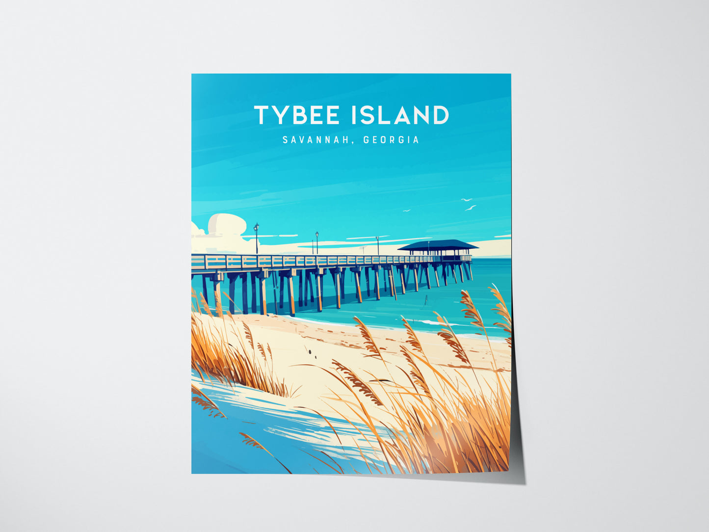 A vibrant poster of Tybee Island, Savannah, Georgia, featuring a fishing pier extending over the ocean, sandy dunes with sea oats, under a clear blue sky.