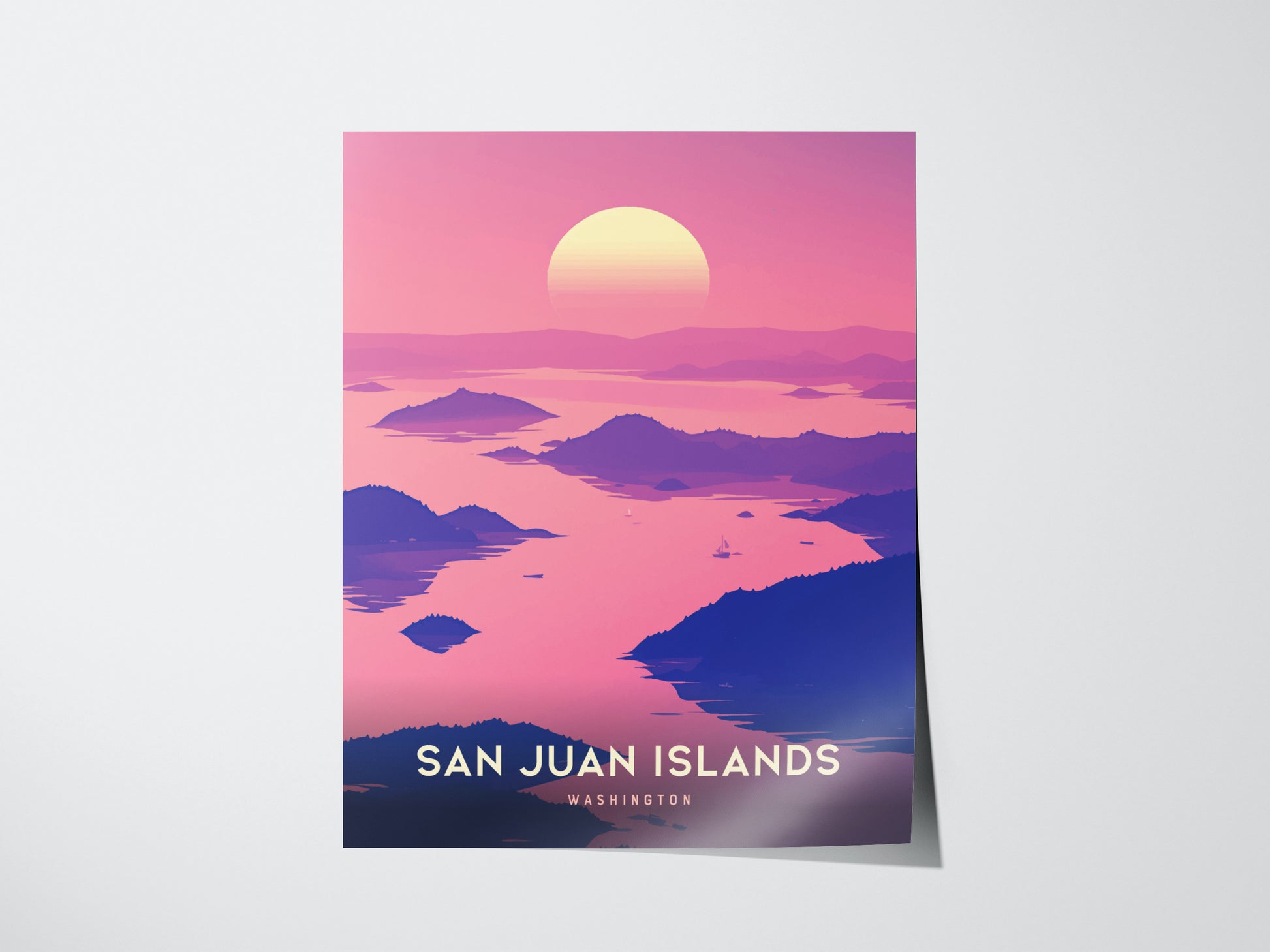 A vibrant poster of the San Juan Islands features a pink and purple sunset over serene waters and forested islands, with a sailboat in the distance.