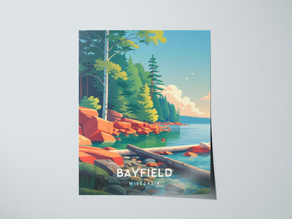 Bayfield, Wisconsin Poster | Lakeside Harbor & Sailboat Travel Wall Art — giclée print detail on matte paper