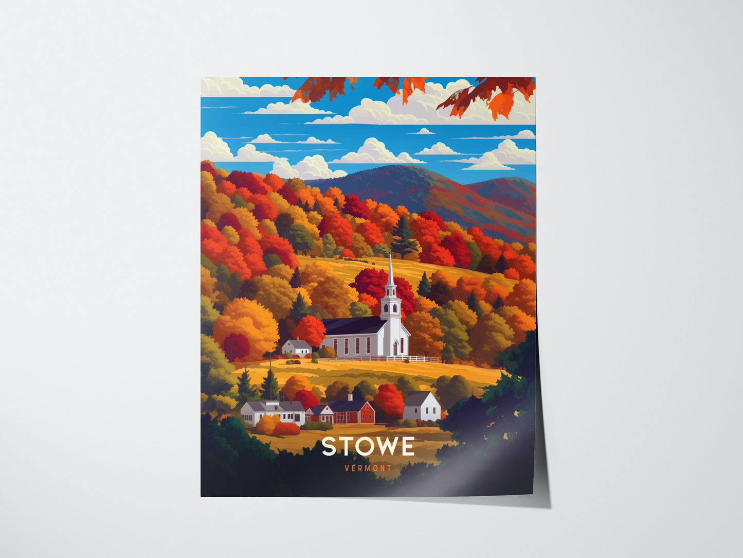 A picturesque illustration of a white church steeple amidst vibrant autumn foliage in shades of orange, red, and yellow, set against rolling hills and a blue sky.