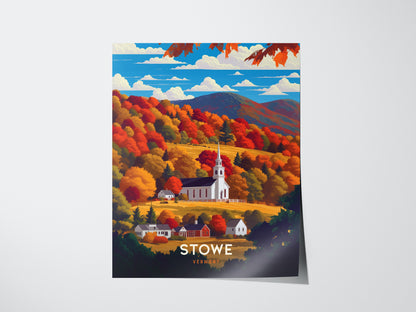 A picturesque illustration of a white church steeple amidst vibrant autumn foliage in shades of orange, red, and yellow, set against rolling hills and a blue sky.