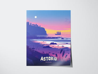 Illustrated poster depicting a scenic view of Astoria, Oregon, featuring a pirate ship sailing near a rugged coastline at sunset. The vibrant colors create a nostalgic, adventurous atmosphere.