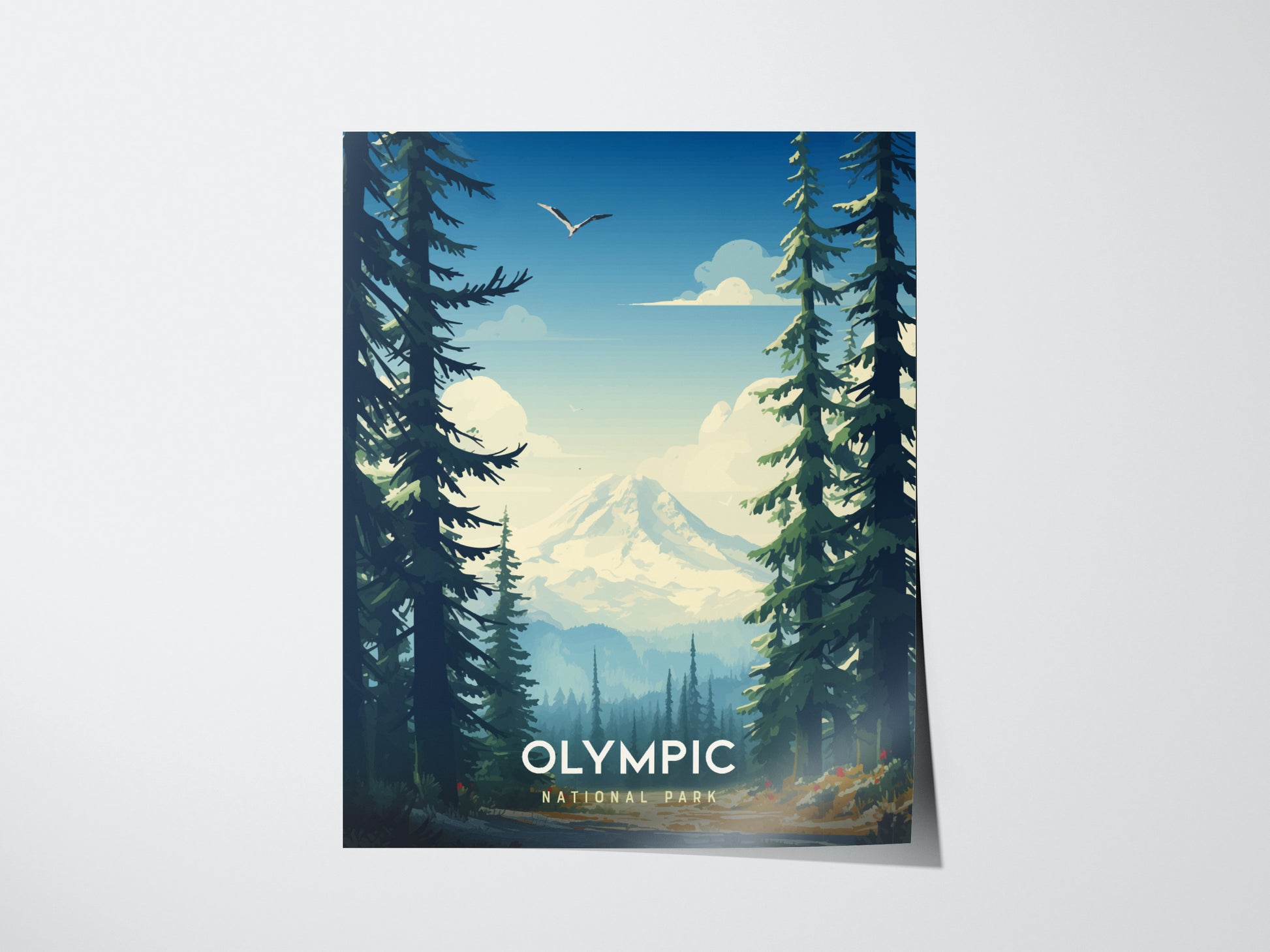A poster depicting Olympic National Park, featuring towering evergreen trees and a distant snow-capped mountain under a clear blue sky. A bird soars overhead, enhancing the tranquil scene.