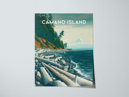 Camano Island, Washington Poster | Evergreen Shores & Heron Coastal Wall Art — giclée print detail on matte paper