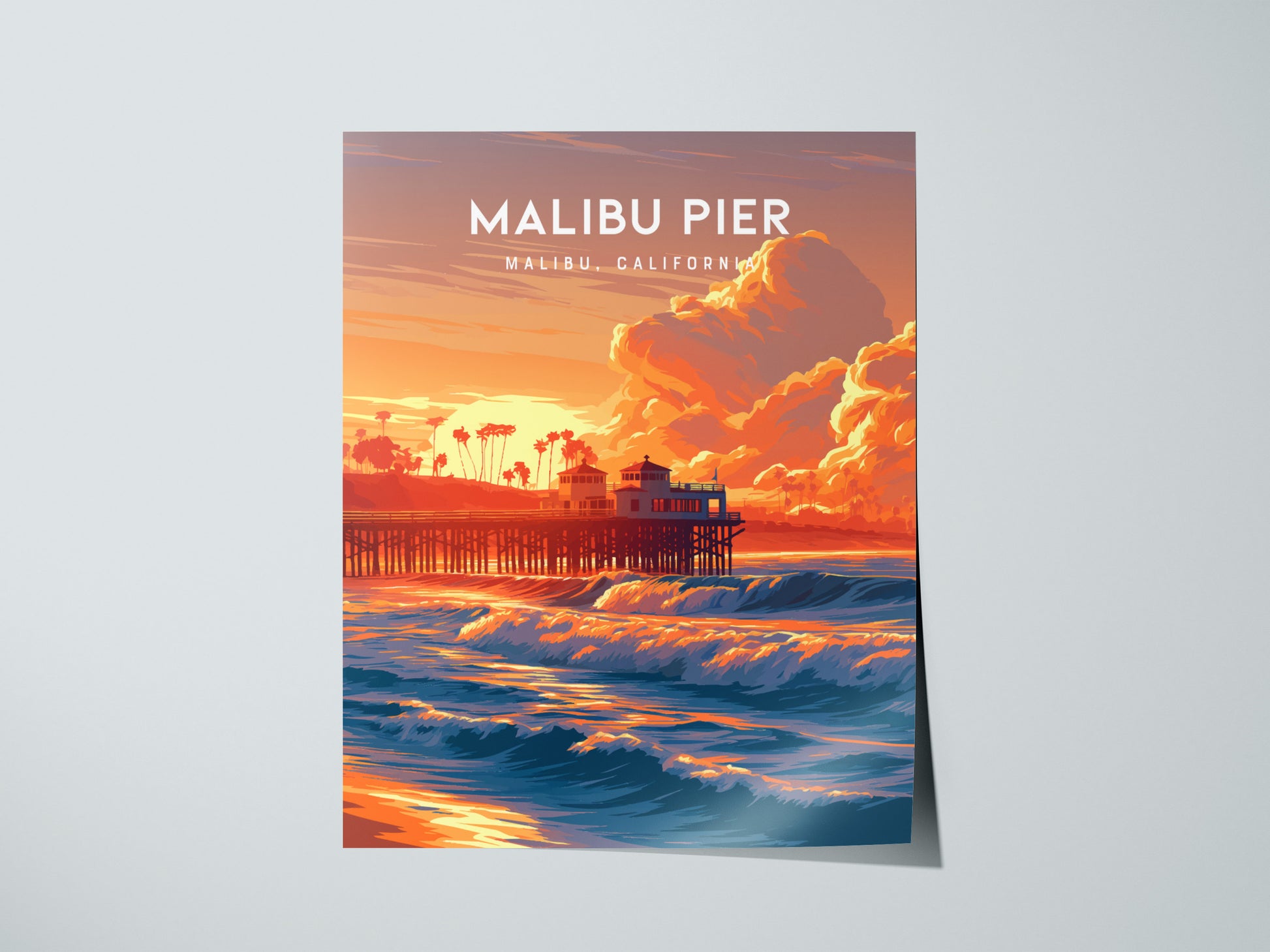 Malibu Pier, California Poster | Golden Coast Sunset Vibes Wall Art — giclée print detail on matte paper