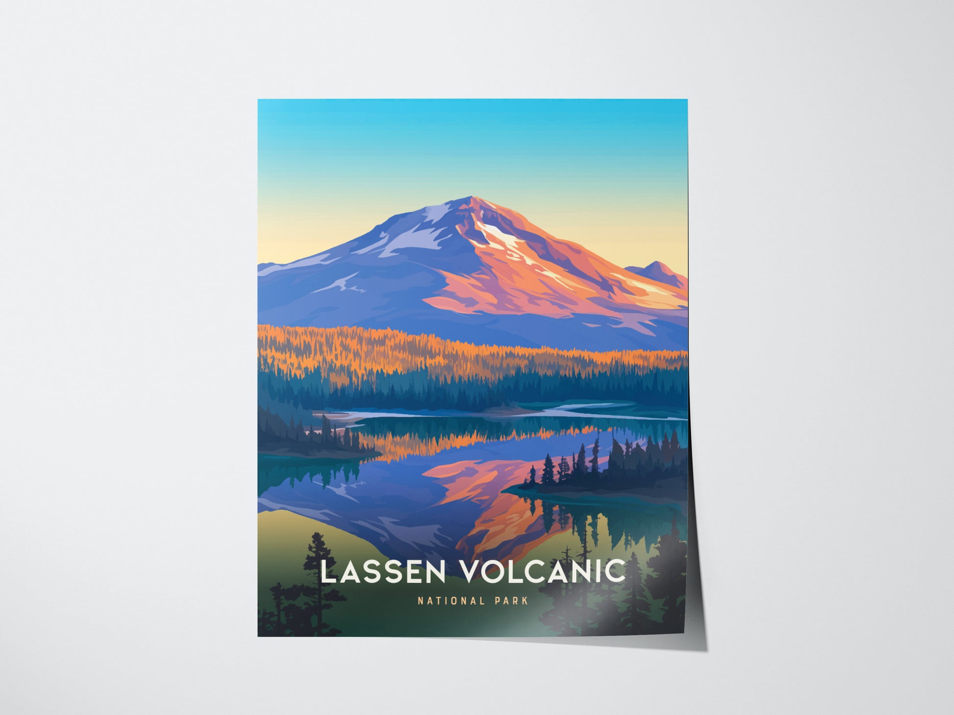 Illustrated poster of Lassen Volcanic National Park features a vibrant depiction of Lassen Peak with colorful reflections in a lake, set against a gradient sky.