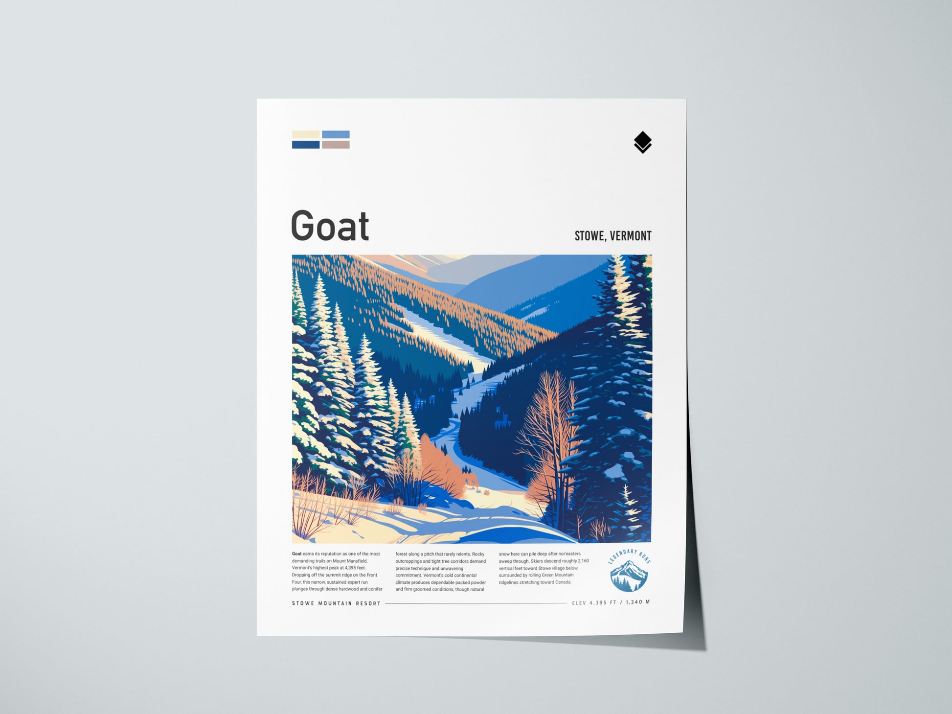 Goat, Stowe Poster | Mountain Goat Ski Trail Wall Art — giclée print detail on matte paper