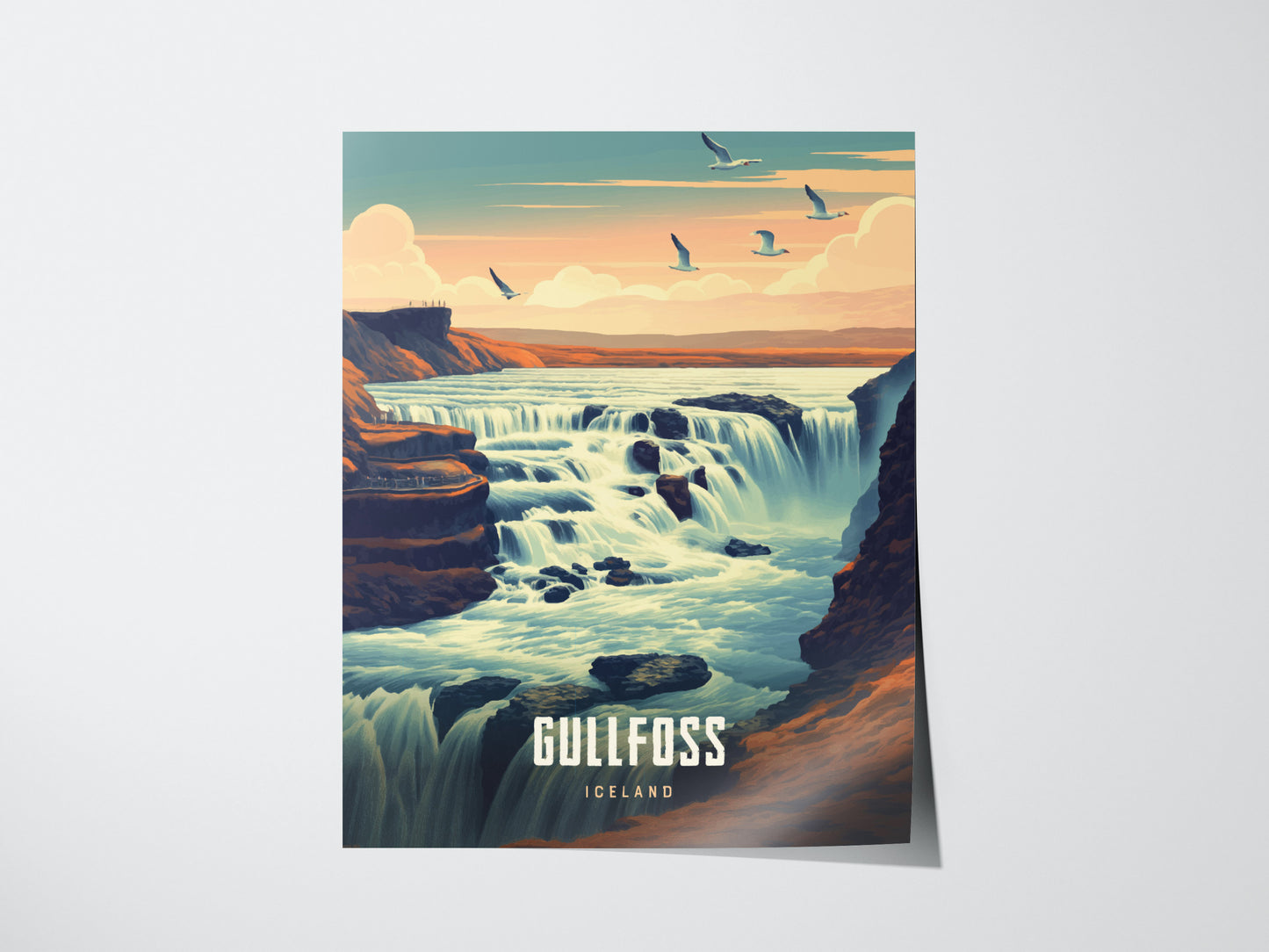 Illustrated poster of Gullfoss waterfall in Iceland, featuring cascading water between rocky cliffs under a sky with flying birds. The text Gullfoss Iceland is at the bottom.