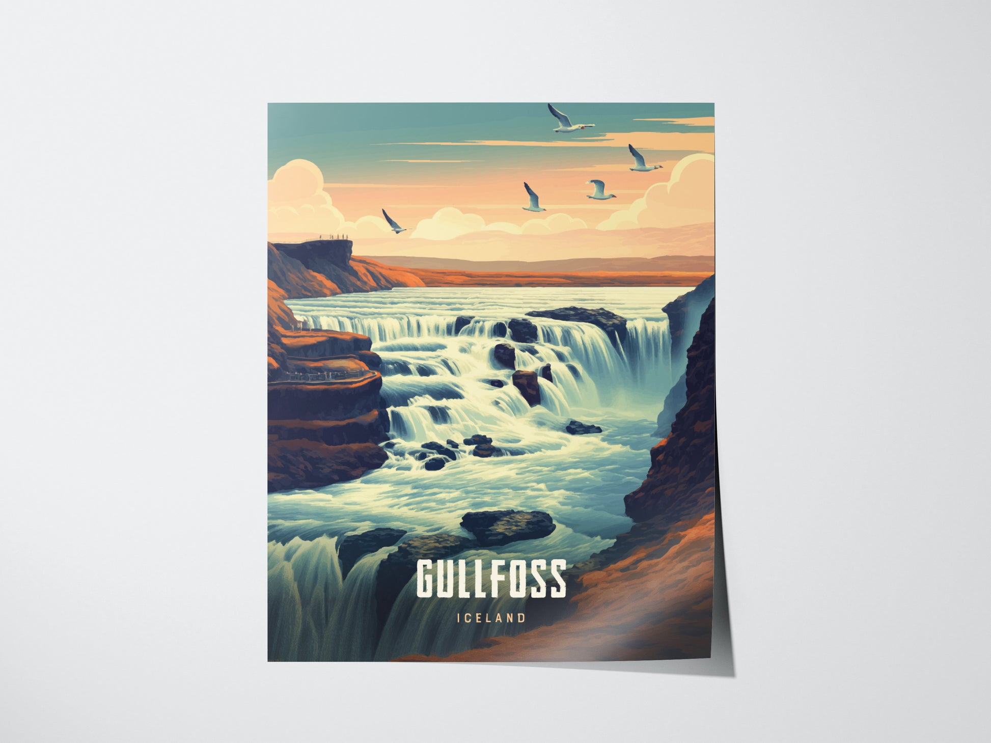 Illustrated poster of Gullfoss waterfall in Iceland, featuring cascading water between rocky cliffs under a sky with flying birds. The text Gullfoss Iceland is at the bottom.
