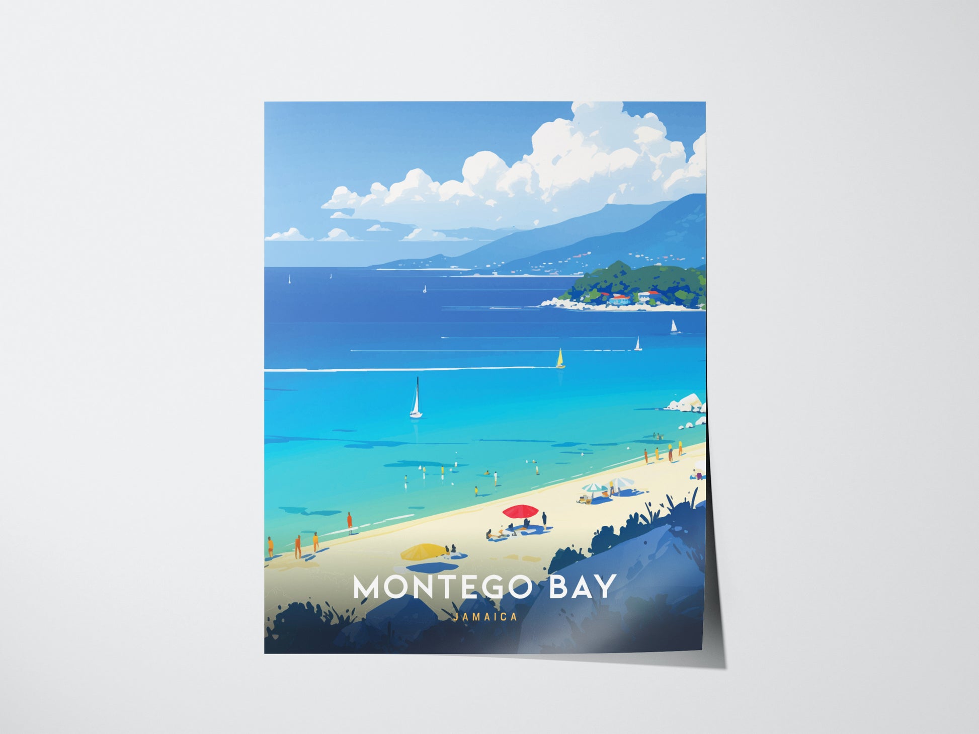 Colorful illustration of Montego Bay, featuring a vibrant beach with umbrellas, turquoise water, sailboats, and a lush green mountain backdrop under a partly cloudy sky.