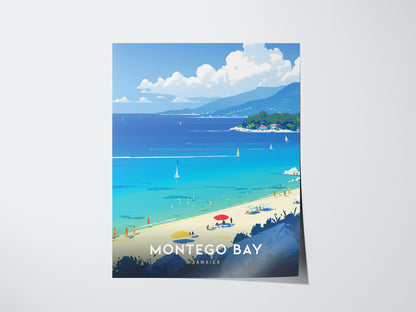 Colorful illustration of Montego Bay, featuring a vibrant beach with umbrellas, turquoise water, sailboats, and a lush green mountain backdrop under a partly cloudy sky.