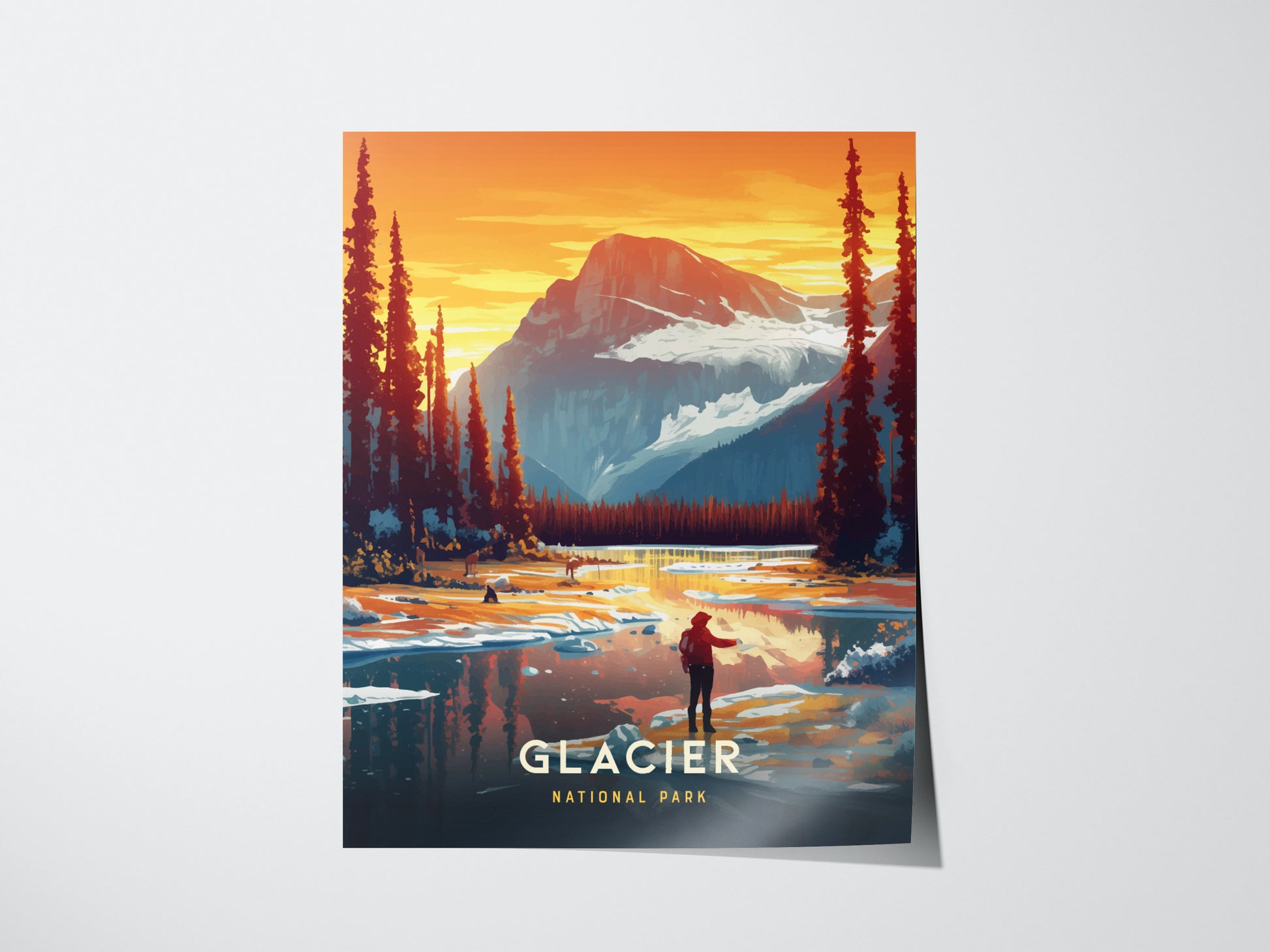 A vibrant poster of Glacier National Park shows a person gazing at a mountain and lake under a stunning orange sky, surrounded by tall trees.