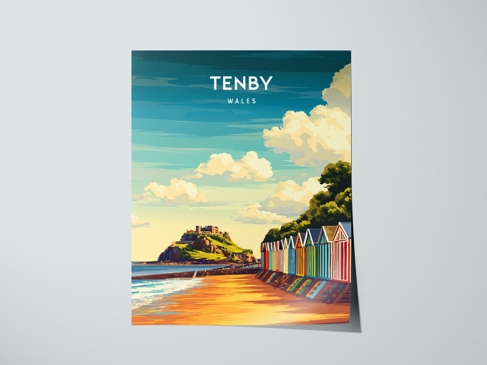 Tenby, Wales Poster | Pastel Harbour & Coastal Cliffs Wall Art — giclée print detail on matte paper