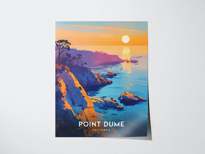 A colorful poster depicting the Point Dume cliffs in California at sunset, with orange and purple hues reflecting over the ocean. The title Point Dume California is displayed below.