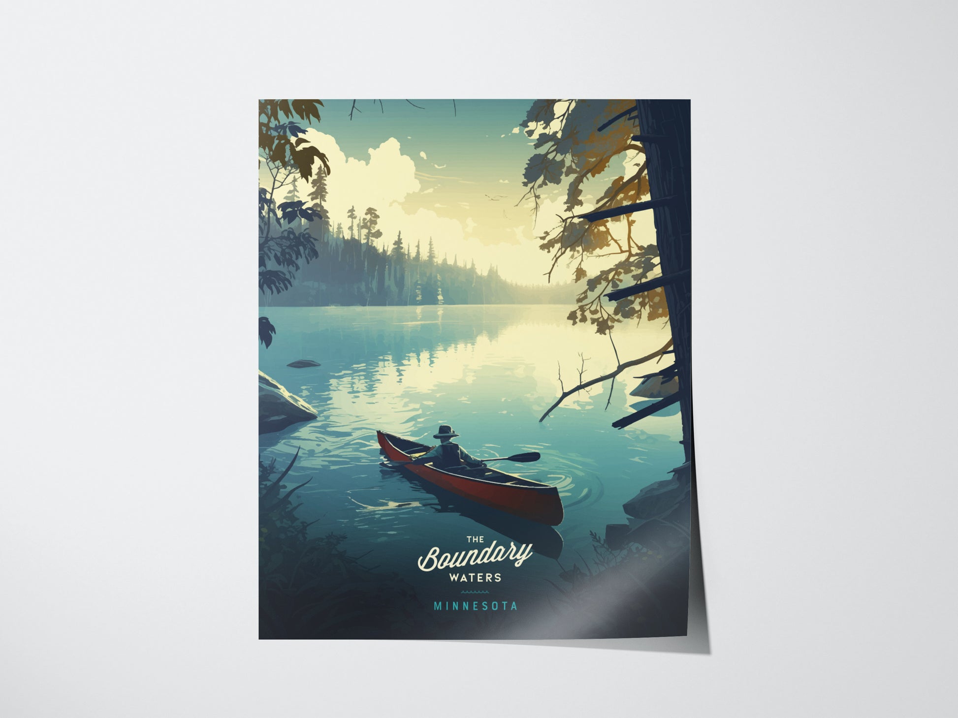 A serene poster depicting a lone person paddling a red canoe on a calm lake surrounded by lush trees, with text reading The Boundary Waters Minnesota.