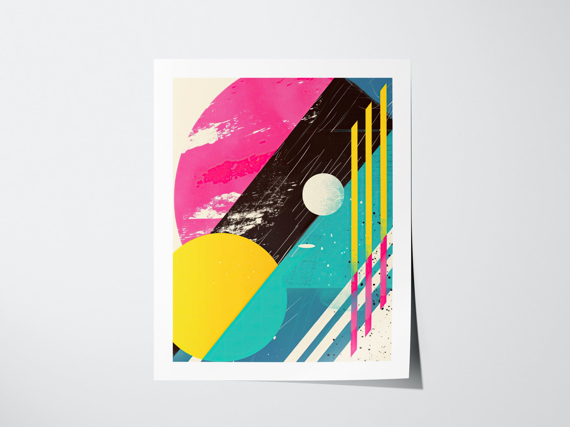 A vibrant 1980s-inspired abstract poster features bold geometric shapes, including a pink semicircle, yellow circle, and diagonal stripes in contrasting colors against a textured background.
