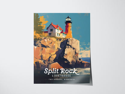 The image depicts a colorful poster of Split Rock Lighthouse perched on rocky cliffs with a vibrant sky, featuring the text Split Rock Lighthouse, Two Harbors, Minnesota.