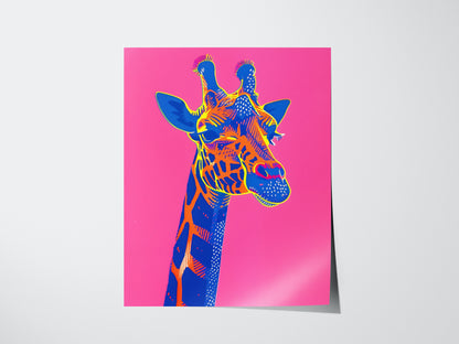 Neon Giraffe Pop Art Poster – Bold Safari Animal Wall Decor, Retro 80s Aesthetic, Vibrant Wildlife Print, Available Framed/Unframed