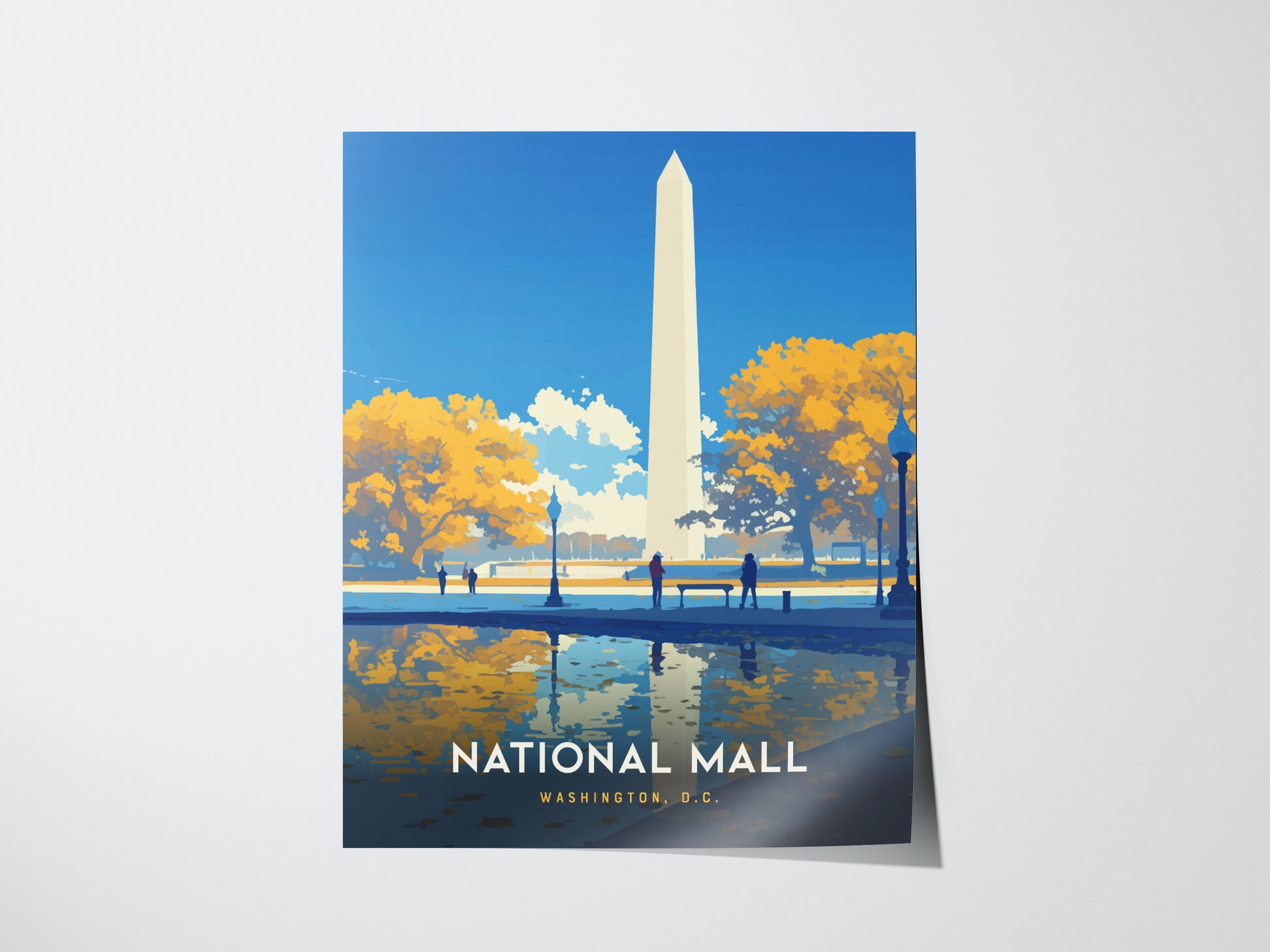 A colorful poster of the National Mall in Washington, D.C., featuring the Washington Monument, autumn trees, and a reflective water surface. People are visible in the background.