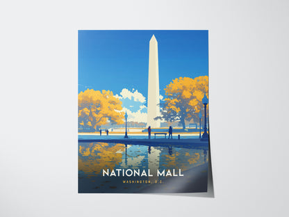 A colorful poster of the National Mall in Washington, D.C., featuring the Washington Monument, autumn trees, and a reflective water surface. People are visible in the background.