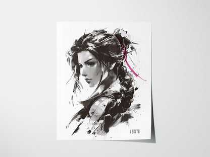 Monochrome illustration of a woman with a braid and pink ribbon, styled in expressive ink work. The portrait exudes delicacy and power, labeled Aerith at the bottom.