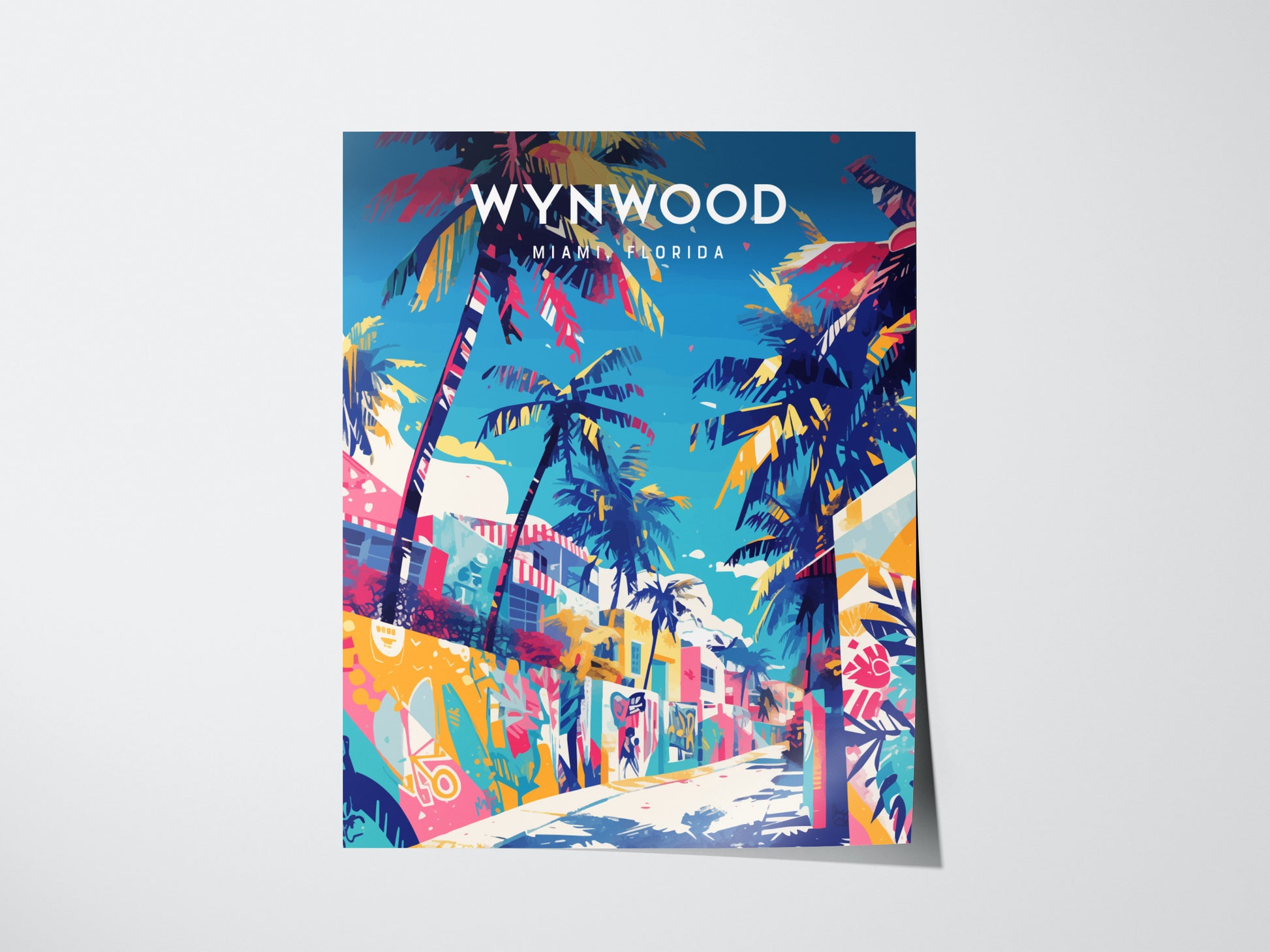 Vibrant poster of Wynwood Walls, Miami, featuring colorful graffiti murals and tall palm trees against a bright blue sky. The artwork captures the lively and artistic atmosphere of the famous art district.