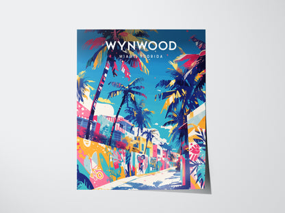 Vibrant poster of Wynwood Walls, Miami, featuring colorful graffiti murals and tall palm trees against a bright blue sky. The artwork captures the lively and artistic atmosphere of the famous art district.