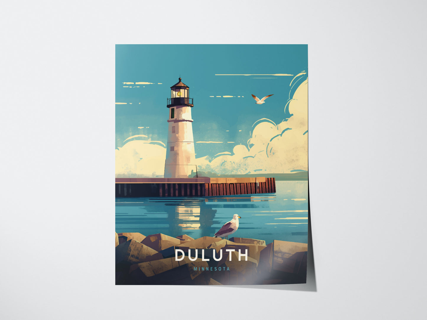 Illustrated poster of Duluth Harbor North Pier Lighthouse with a seagull perched on rocks, blue sky, and clouds. Text reads DULUTH MINNESOTA at the bottom.