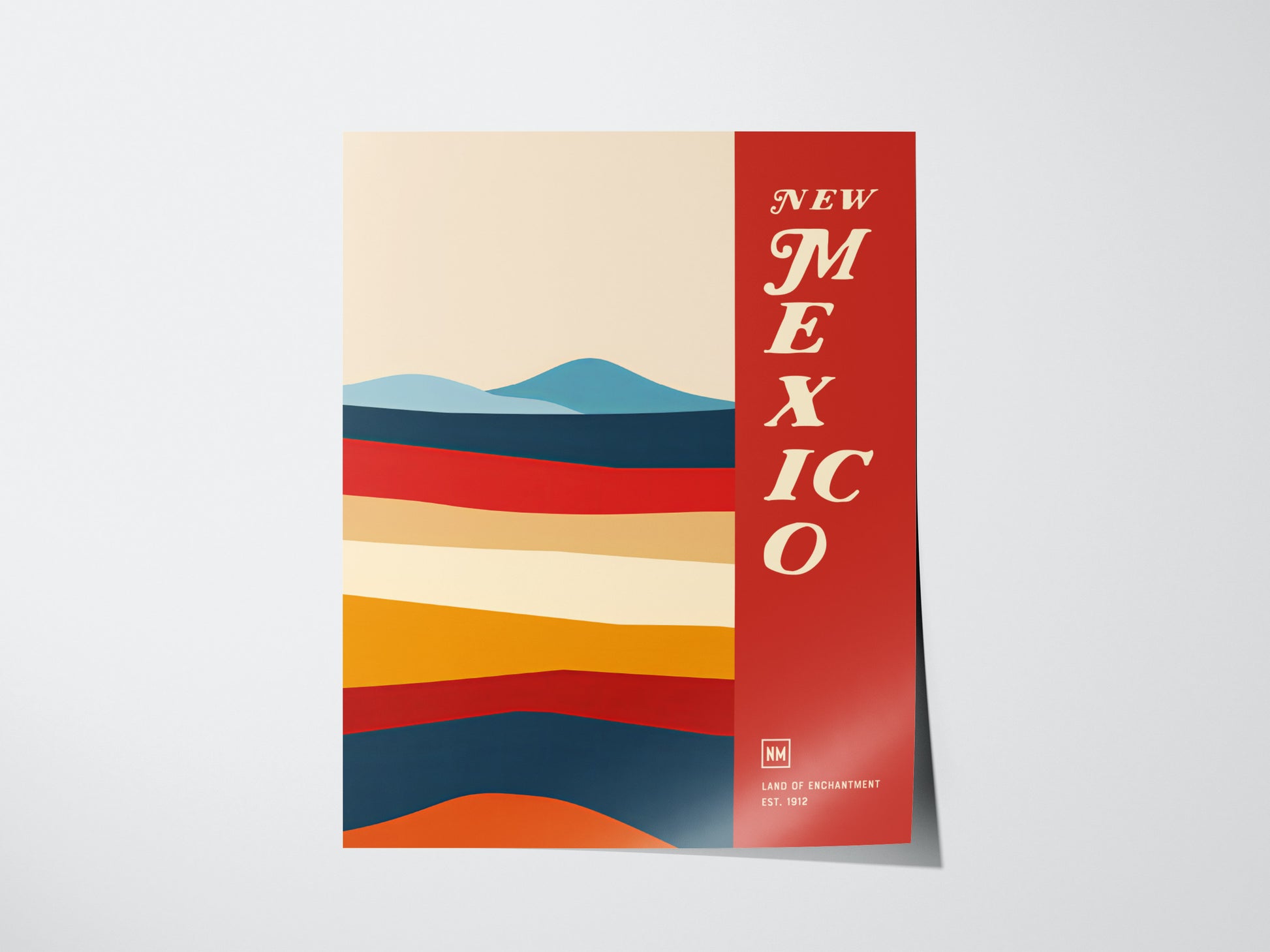A vibrant poster features abstract horizontal stripes in shades of blue, red, and orange, with the text New Mexico on a red vertical band.