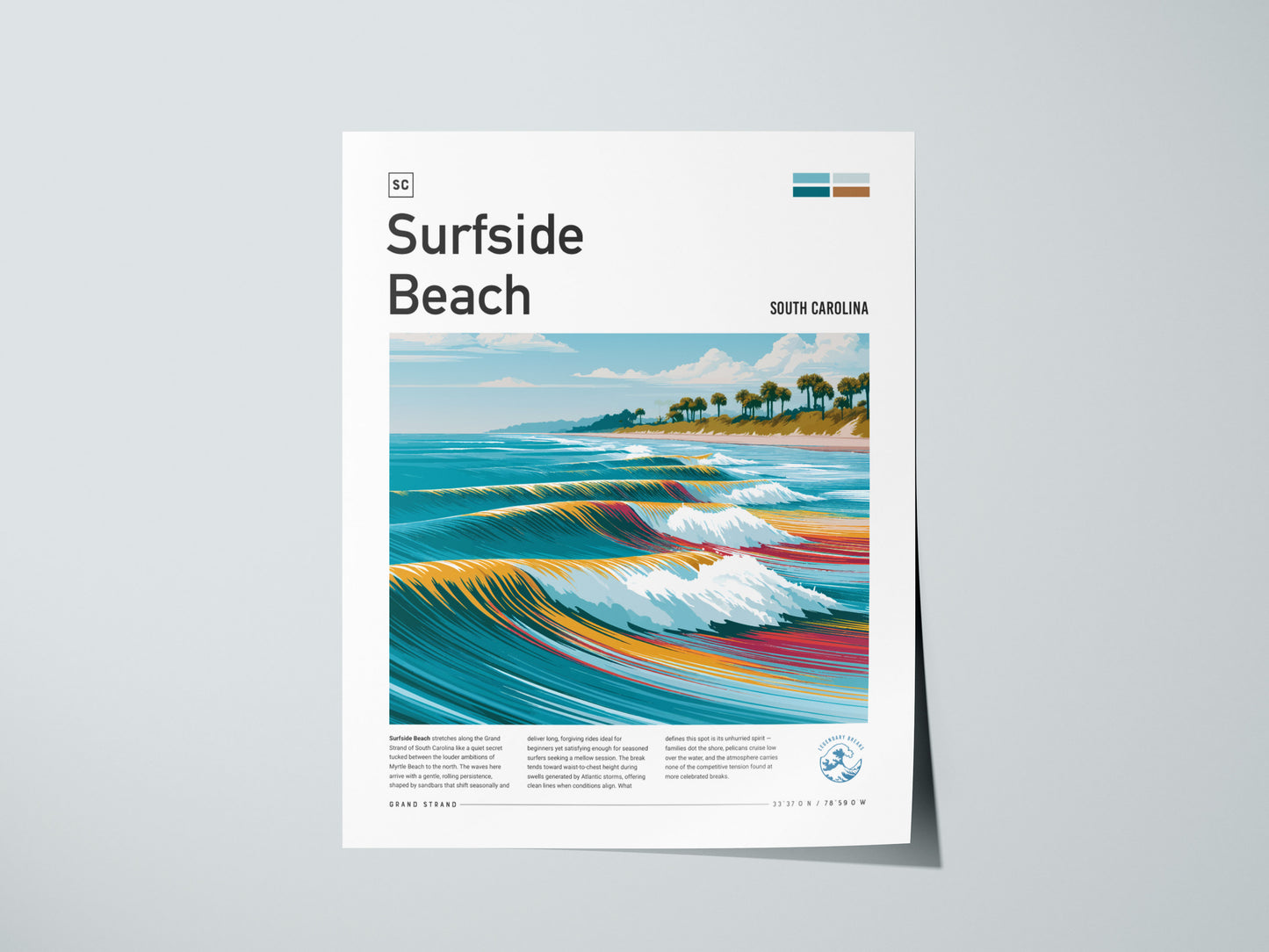 Surfside Beach, South Carolina Poster | Coastal Surf Town Wave Print Wall Art — giclée print detail on matte paper