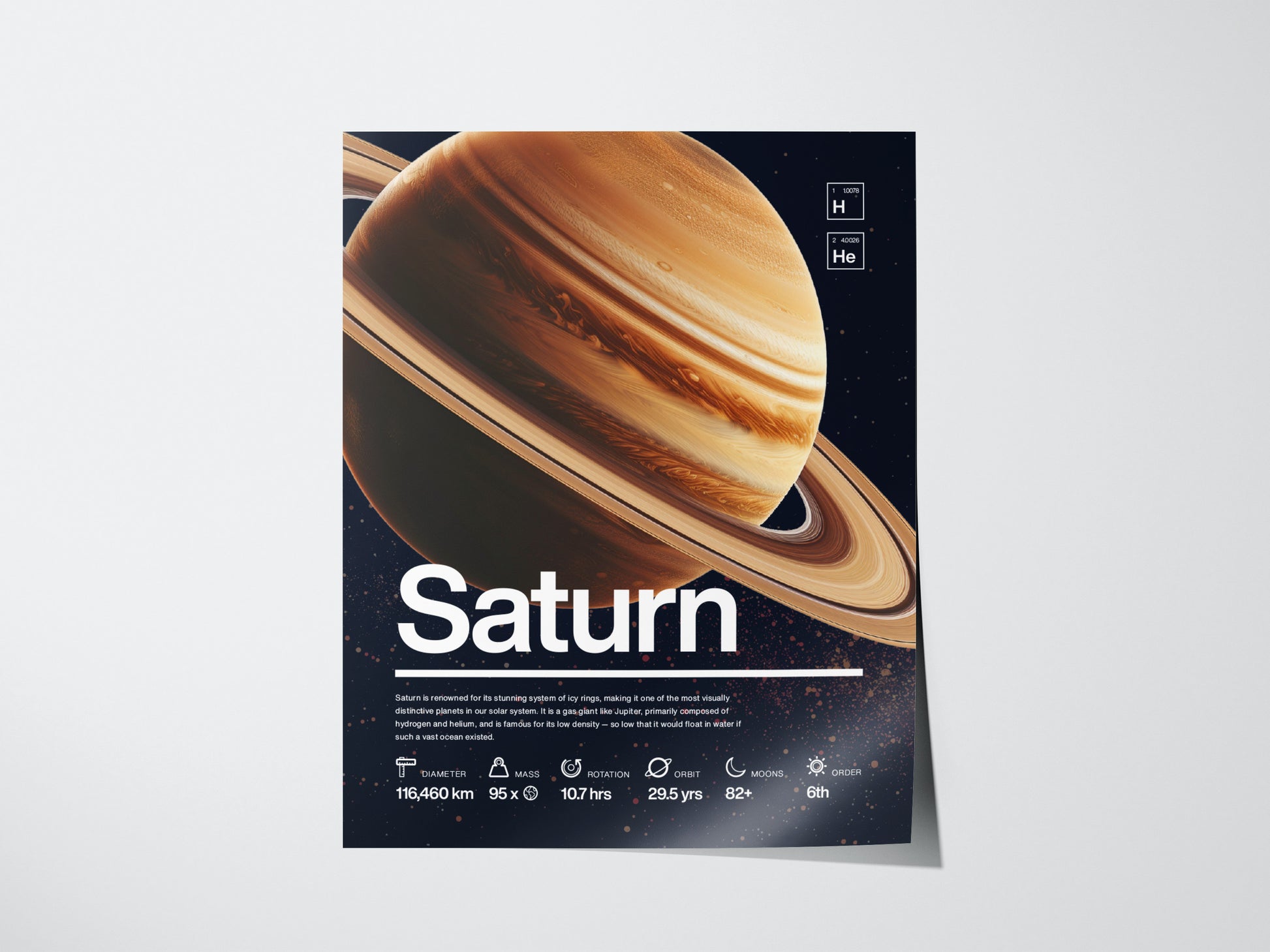 A poster showcasing Saturn with detailed imagery of its rings and atmospheric bands. Includes facts such as diameter, mass, rotation period, and composition, with bold Saturn text at the bottom.