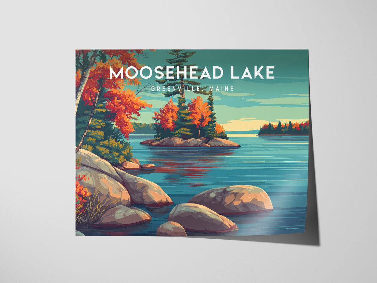 Moosehead Lake Landscape Poster | Greenville, Maine Travel Gift Lakeside Wall Art — giclée print detail on matte paper