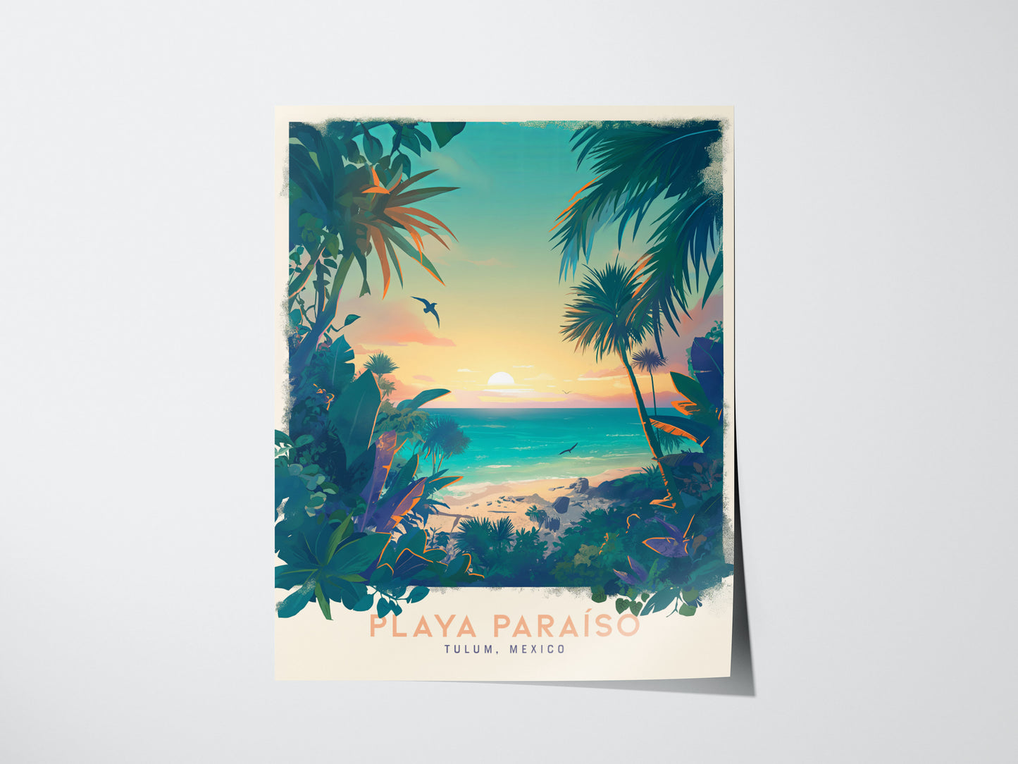 A vibrant poster depicting a tropical beach scene with turquoise waters, lush greenery, and a sunset sky, titled Playa Paraíso, Tulum, Mexico. A bird flies above the serene landscape.