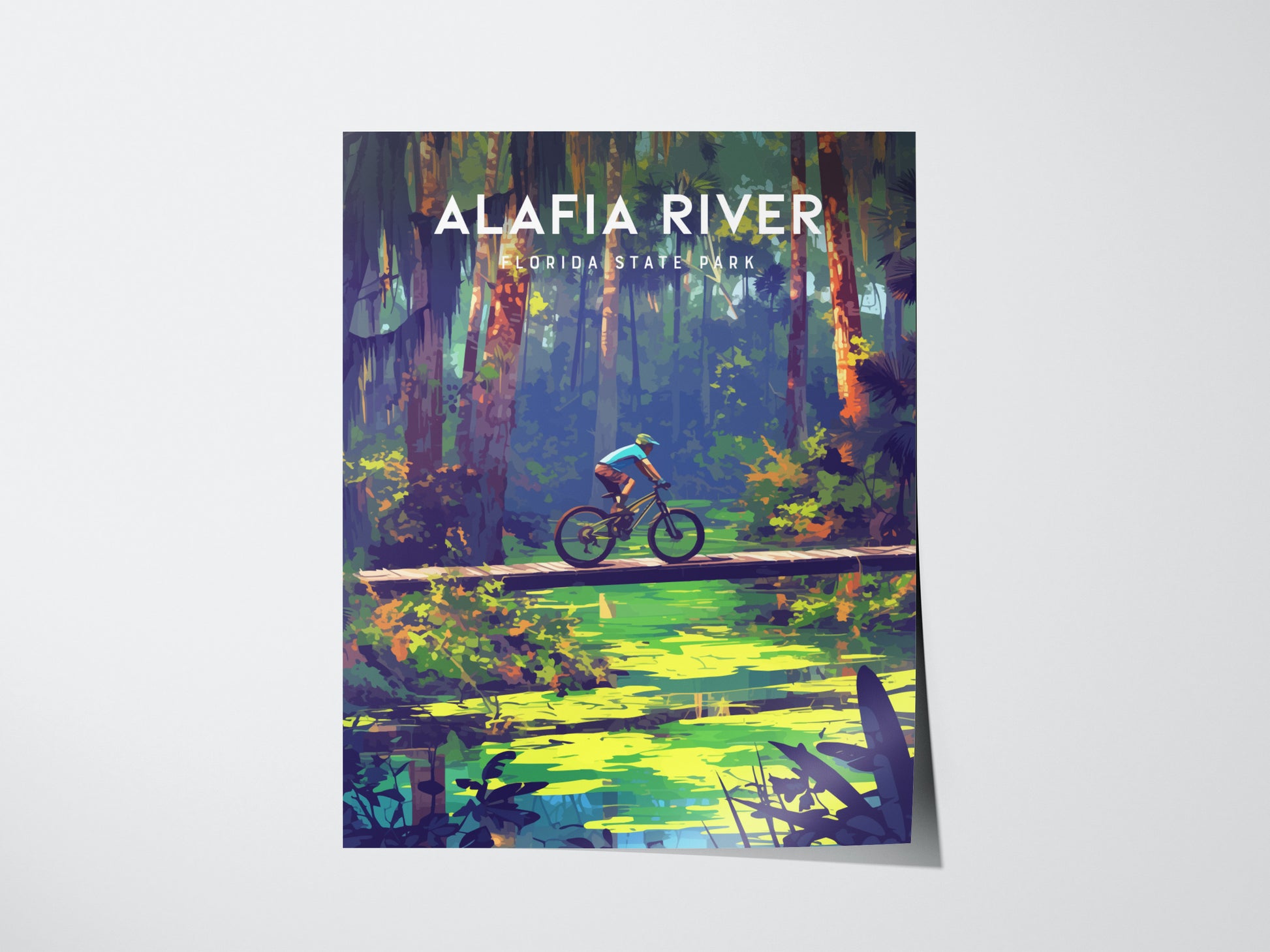 A vibrant poster of Alafia River State Park shows a cyclist riding across a narrow wooden bridge over a lush, green creek, surrounded by dense forest.