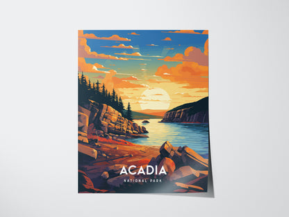 A vibrant poster of Acadia National Park depicting a sunset over rocky cliffs and pine trees, with the ocean reflecting warm, colorful skies.