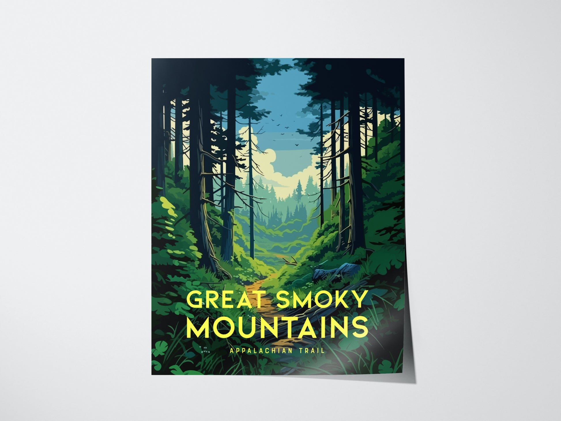 A vibrant poster depicts a lush forest trail in the Great Smoky Mountains, with towering trees and a clear sky. The text reads Great Smoky Mountains Appalachian Trail.