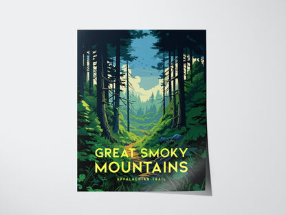 A vibrant poster depicts a lush forest trail in the Great Smoky Mountains, with towering trees and a clear sky. The text reads Great Smoky Mountains Appalachian Trail.