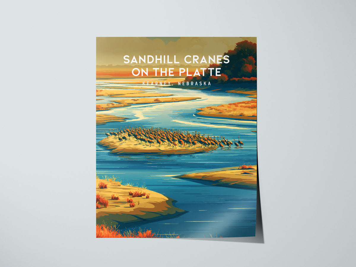 Sandhill Cranes on the Platte, Kearney, Nebraska Poster | Prairie Wildlife Travel Wall Art — giclée print detail on matte pap