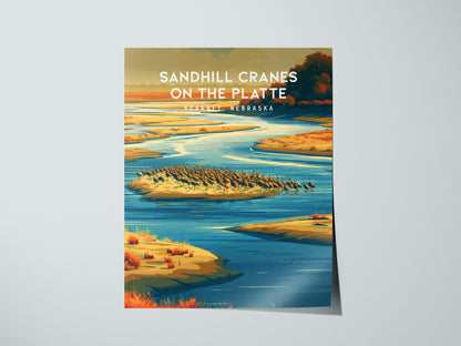 Sandhill Cranes on the Platte, Kearney, Nebraska Poster | Prairie Wildlife Travel Wall Art — giclée print detail on matte pap