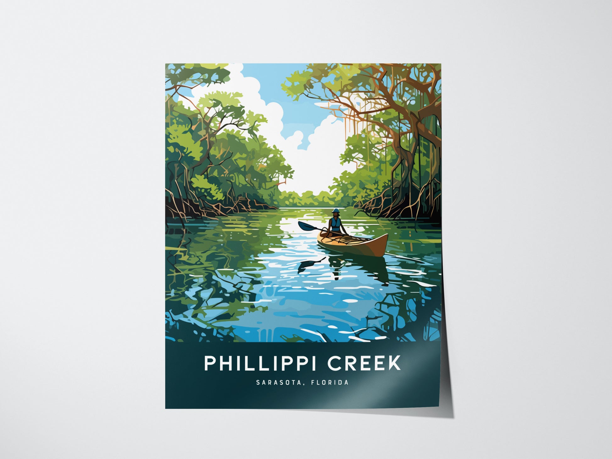 A poster depicts a serene scene of a kayaker paddling through a mangrove-lined creek under a blue sky. The words Phillippi Creek, Sarasota, Florida are displayed at the bottom.