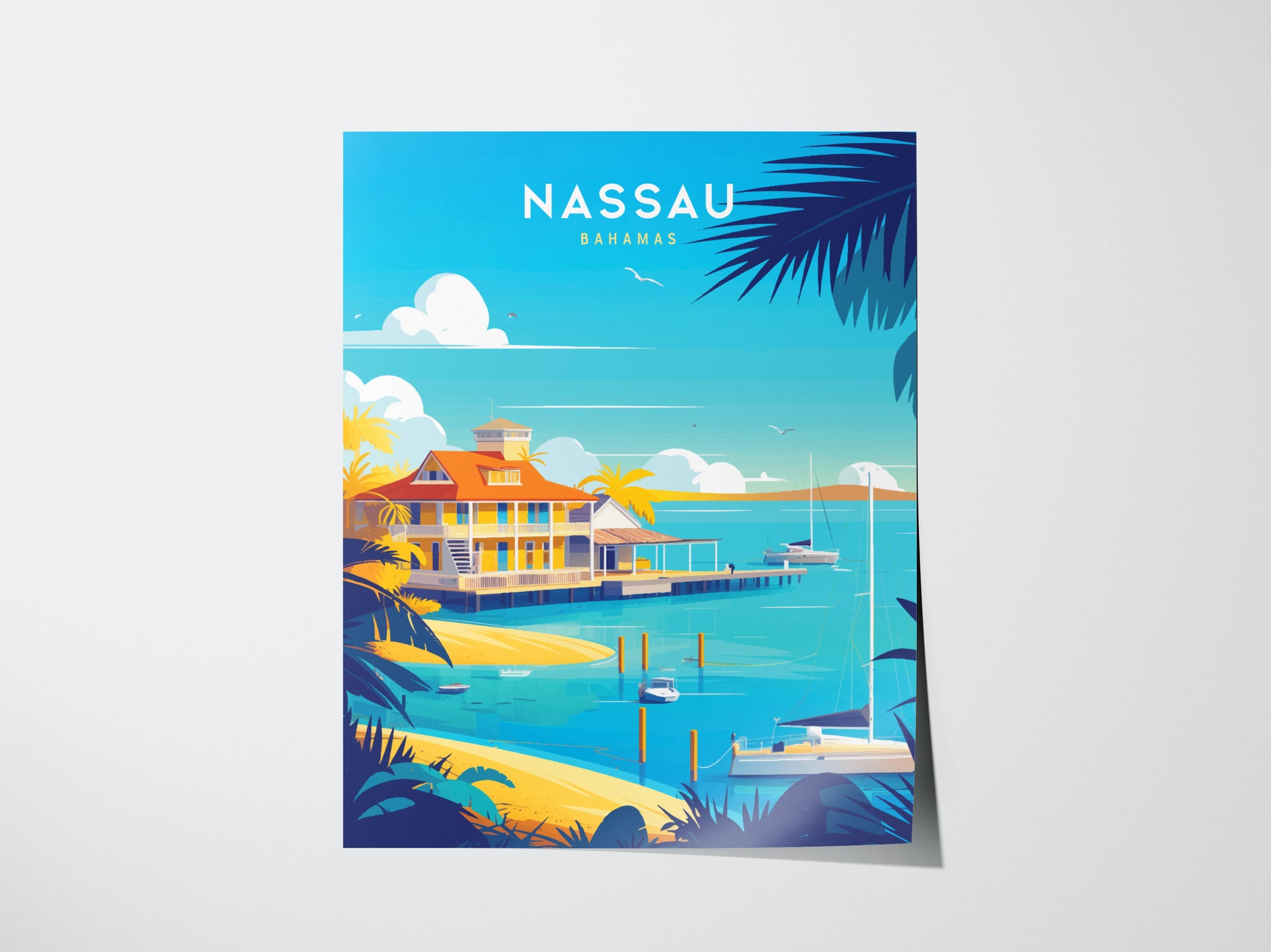 Colorful Nassau Bahamas poster featuring a tropical beach scene with a vibrant house, palm trees, and boats on turquoise water, under a bright blue sky.